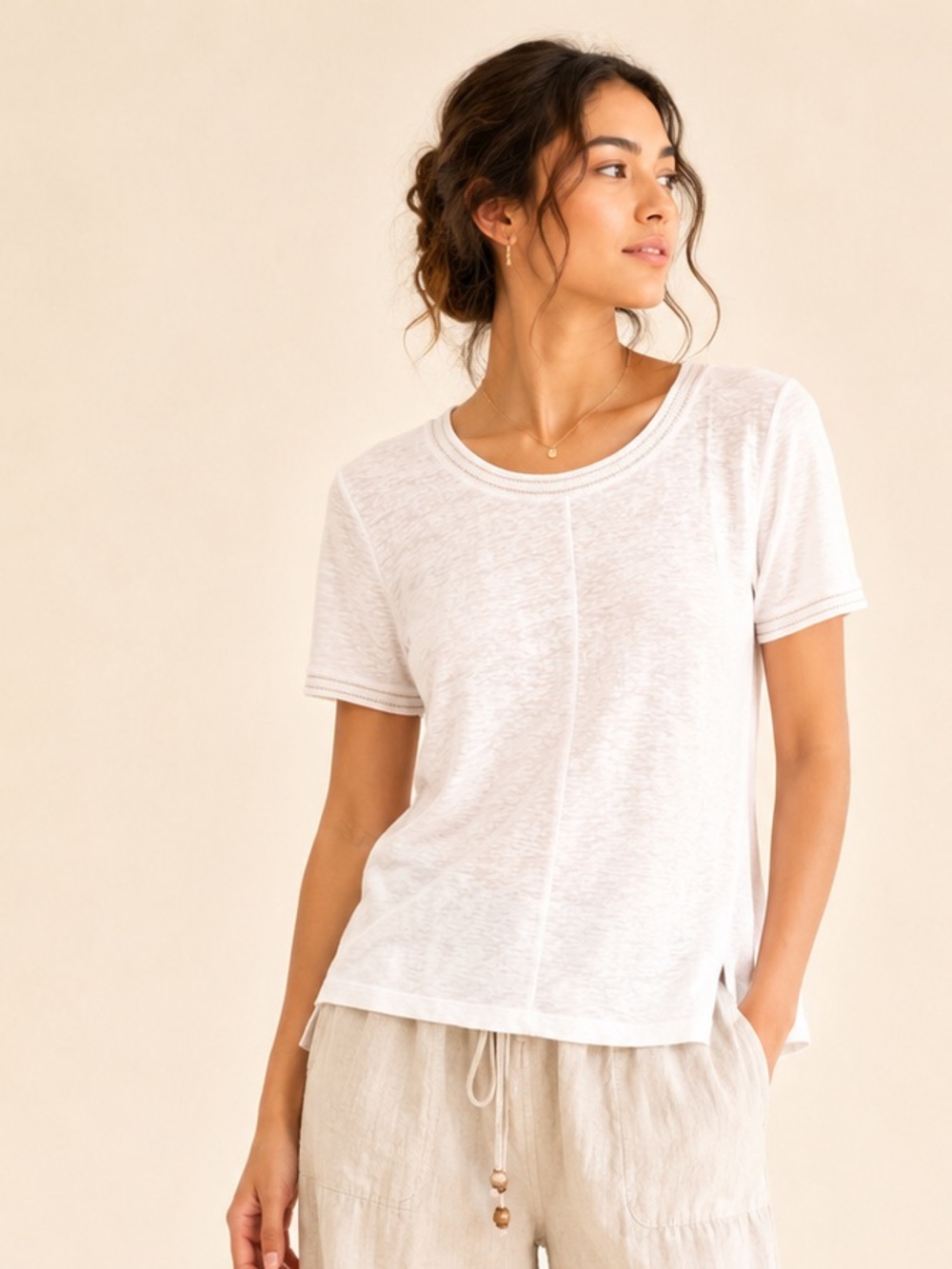BRAX Minimalist Linen Tee Gold Metallic Trim Quiet Luxury Semi Sheer Sz M